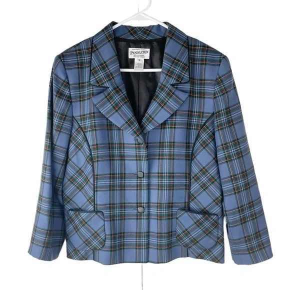 Vintage Pendleton Blue Plaid Virgin Wool Dainty Feminine Cropped Blazer Size 14 - Picture 1 of 8